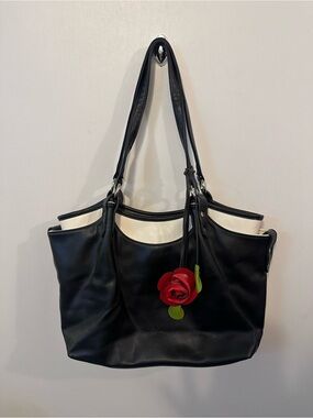 Black and White Leather Tote with Red Rose Charm